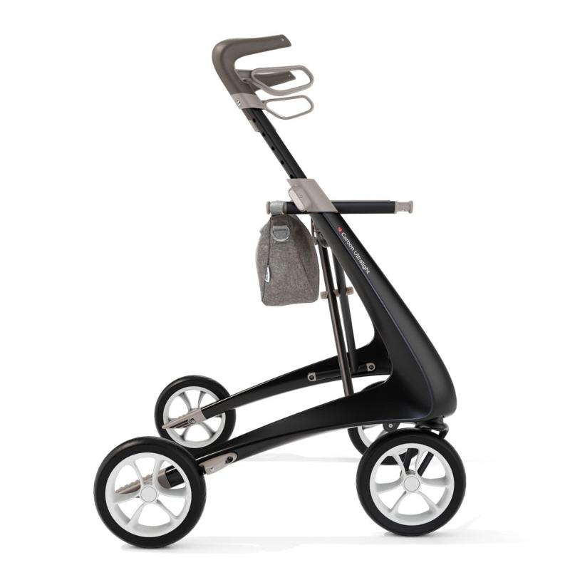 Lichtgewicht Rollator Carbon -Ultralight Zwart Met Organiser Bag - Hulpmiddeldiscounter.nl