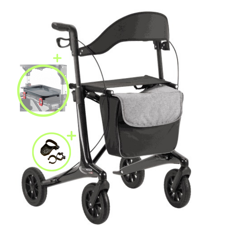 Carbon Rollator Compleet – Lichtgewicht & Opvouwbaar + Dienblad en Stokhouder