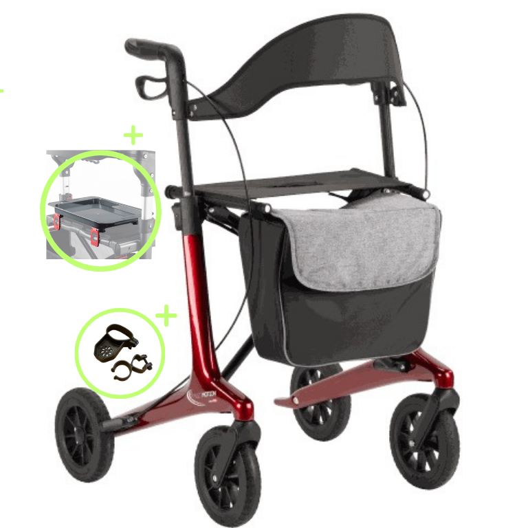 Carbon Rollator Compleet – Lichtgewicht & Opvouwbaar + Dienblad en Stokhouder